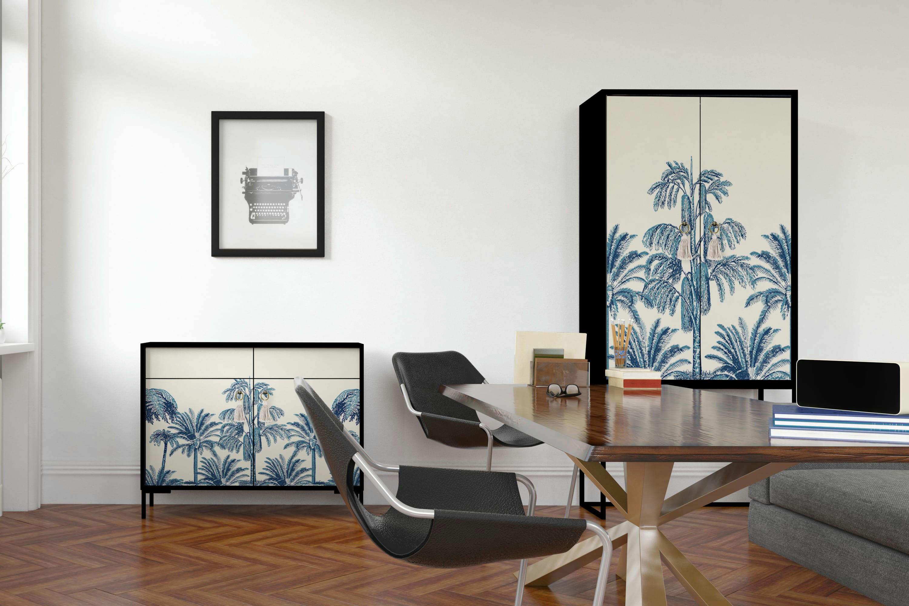 LEA - Buffet armoire 2 portes en MDF imprimé palmiers vintage