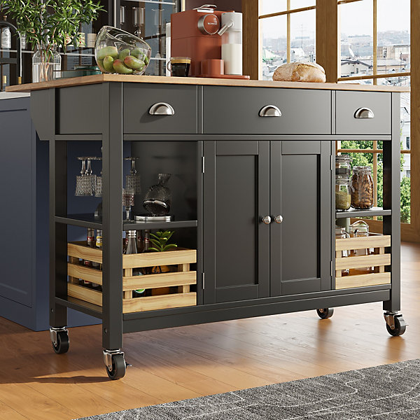 Îlot de cuisine moderne 120x73x90 cm, avec tiroirs et portes d'armoire, comprenant des paniers de rangement en pin, noir