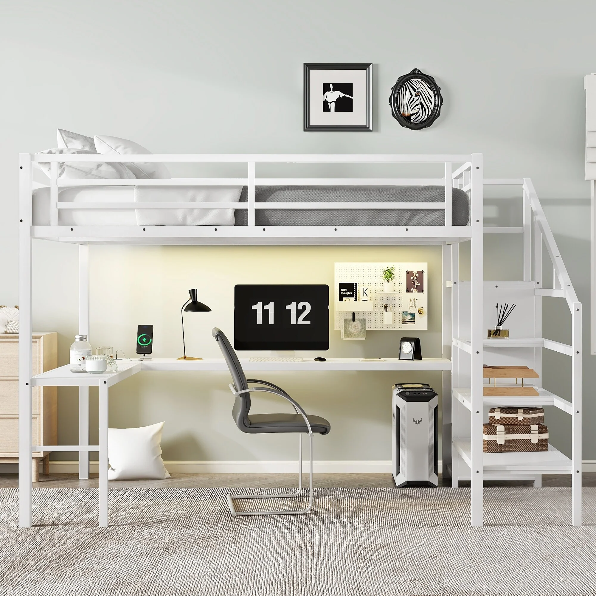Queen Size Loft Bed with L-shaped Desk and USB, Metal Loft Bed with Wardrobe and Adjustable Shelf, High Loft Bed with LED