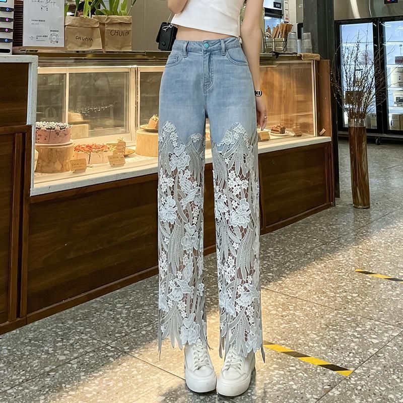 PEACH ACCESSORIES Lace Patchwork Wide Leg Jeans