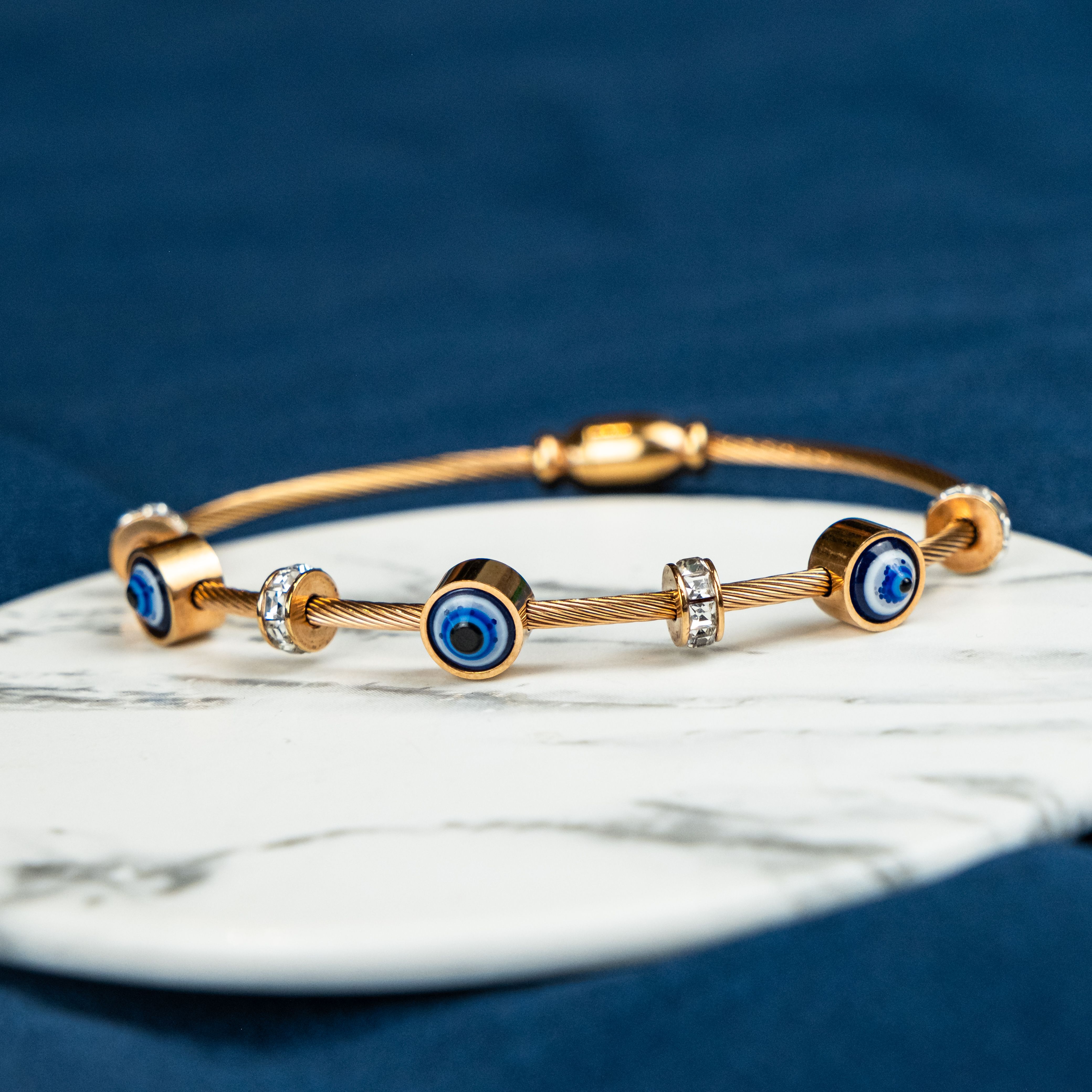 The Colourful Aura Blue Evil Eye Brass Rose Gold Zircon Magnetic Bangle Bracelet
