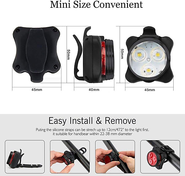 BASHLWUA Lot de 2 feux de vélo rechargeables, feux de vélo avant et arrière à LED, 4 options de mode d'éclairage
