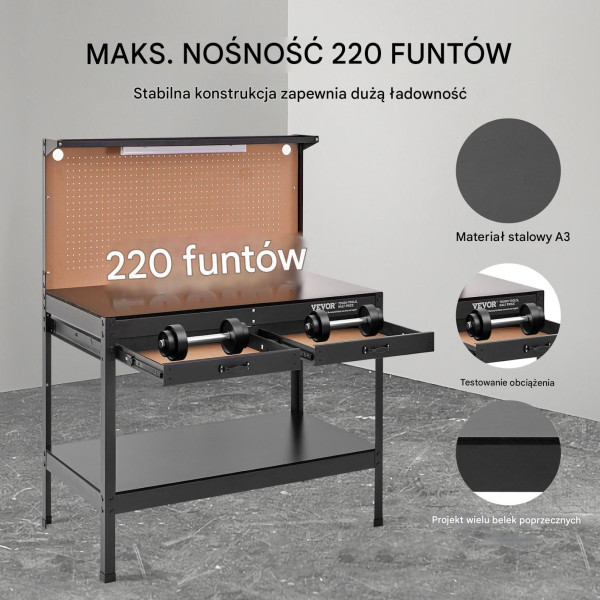 Stół warsztatowy roboczy narzędziowy do garażu haczyki 120 x 60 cm