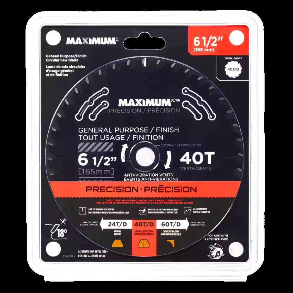 MAXIMUM 6-1/2-in 40T Carbide Tipped General Purpose/Finish Circular Saw Blade for Wood