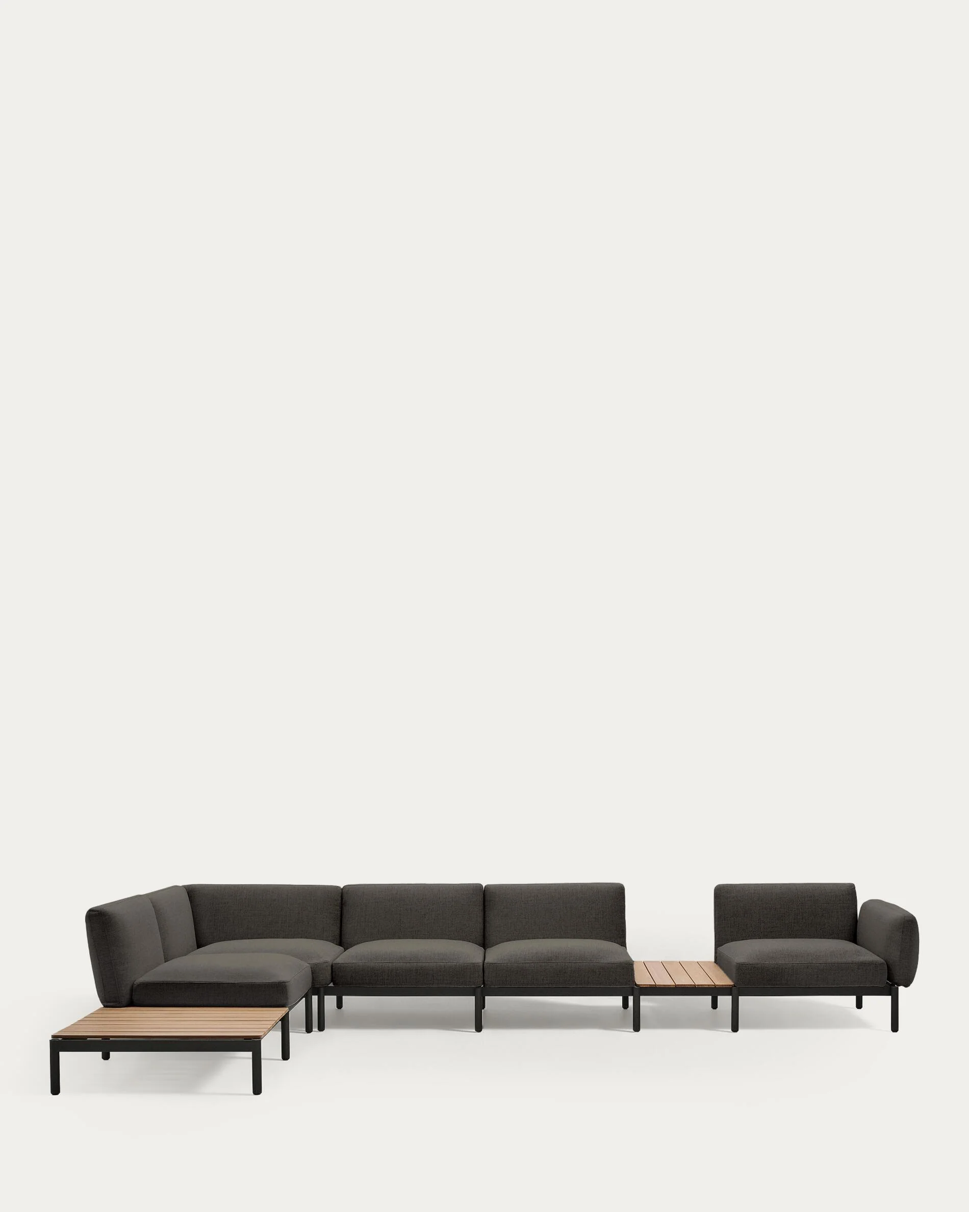 Sorells outdoor modular 5-seater corner sofa with grey upholstery and grey aluminium with teak tables 277 x 446cm FSC 100%