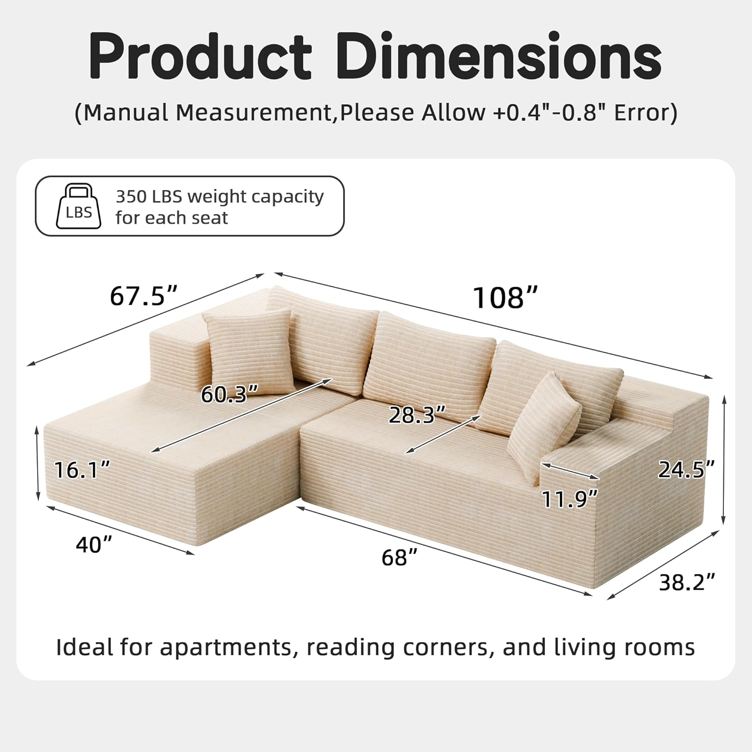 Bashaw 108 Modular Sectional Sofa Couches with Chaise, L-Shape Boneless Couch Deep Seat Upholstered Boneless Sectional Couch for Living Room (Beige, 108 Left Facing Chaise) | Sectional, Boneless, L-Shape, Deep Seat