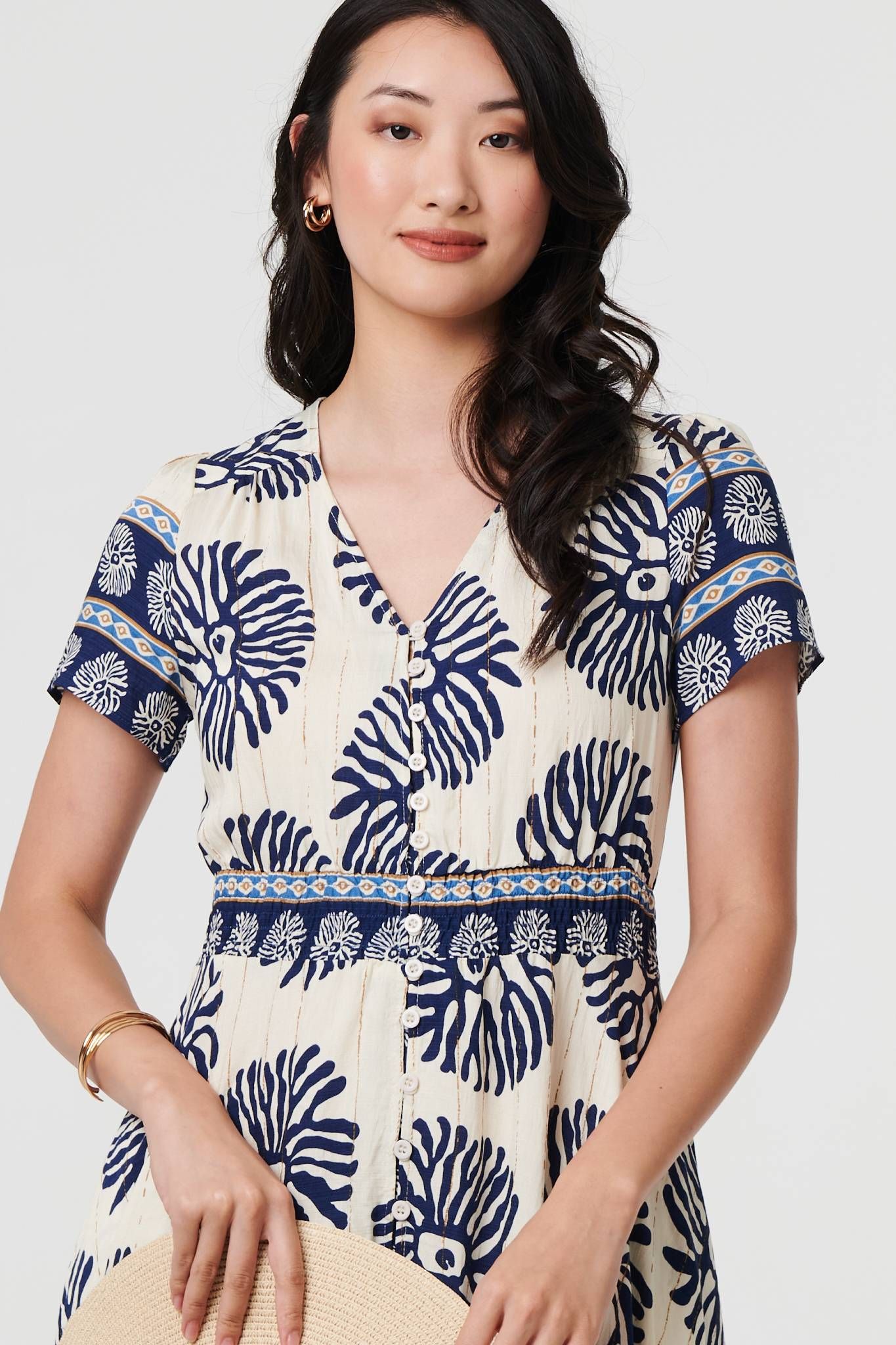 Izabel London Printed Short Sleeve Shirred Maxi Dress
