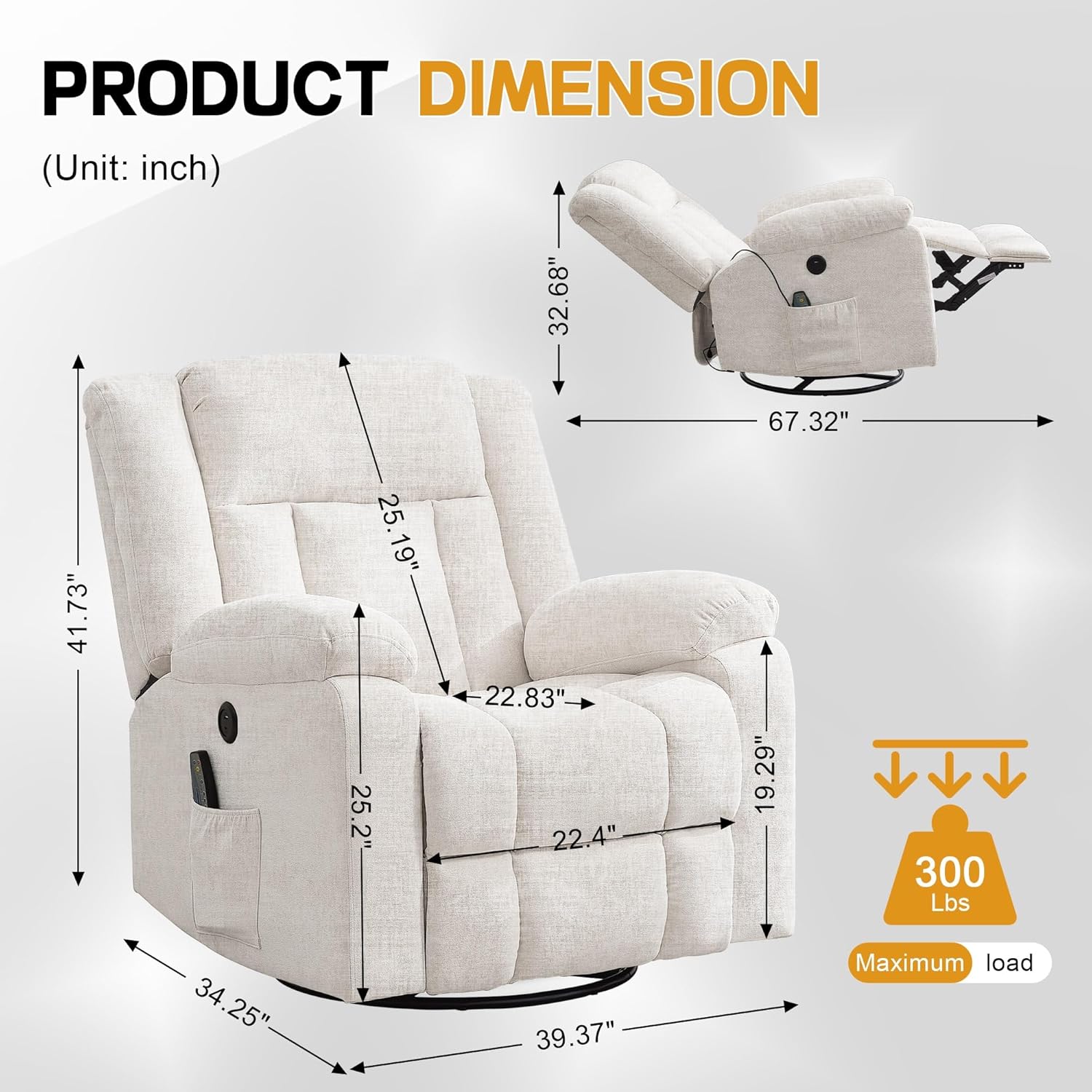 Rocker Recliner, Glider Recliner Chairs for Adults, 360° Swivel Rocking Chair with Massage and Heating, Nursery Chair with Storage and USB Charging for Living Room, Bedroom, Nursery