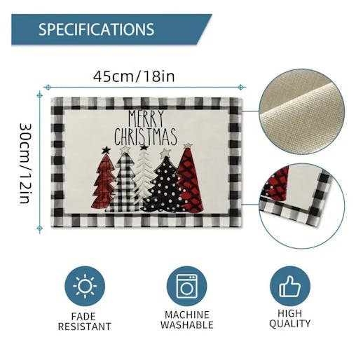 NNETM Set of 4 Buffalo Plaid Christmas Trees Placemats - Festive Winter Table Mats