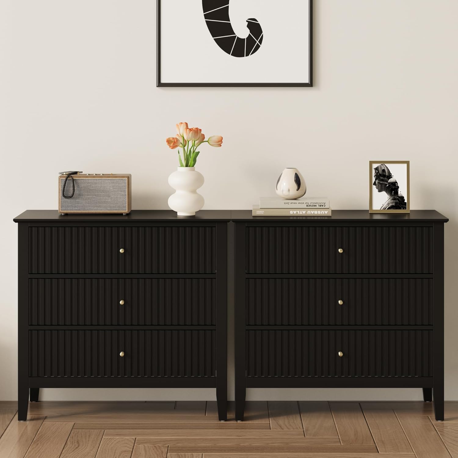 RoyalCraft 32 Large Nightstand Set of 2, Fluted Painted Bedside Table with 3 Spacious Drawers, Modern Tall End Table for Bedroom, Black