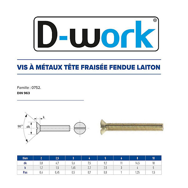200 Vis Métaux Tête Fraisée Fendue 5 x 16 mm - DIN 963 - Laiton - D-Work