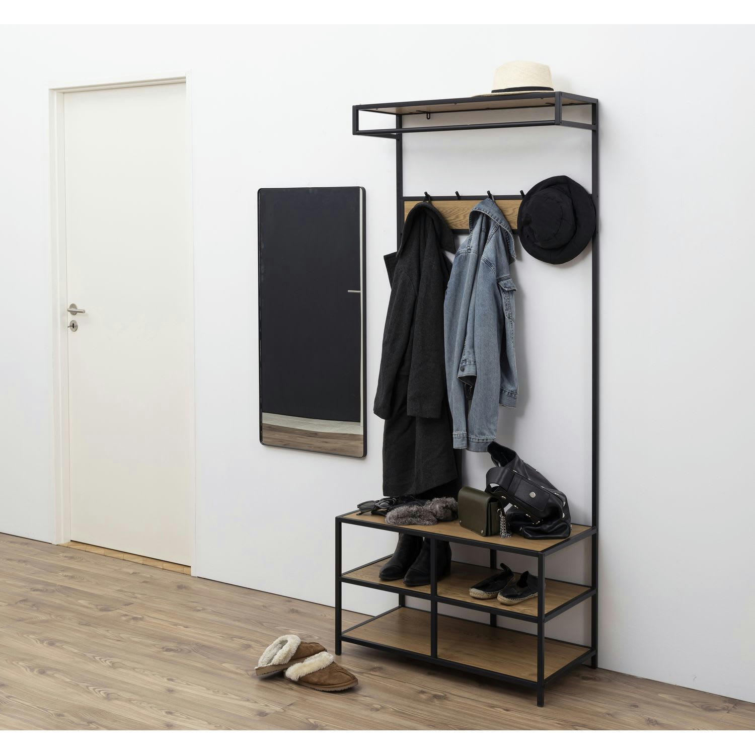 SIREINE - Banc d'entrée avec 2 étagères de rangement et 5 accroches mdf et métal