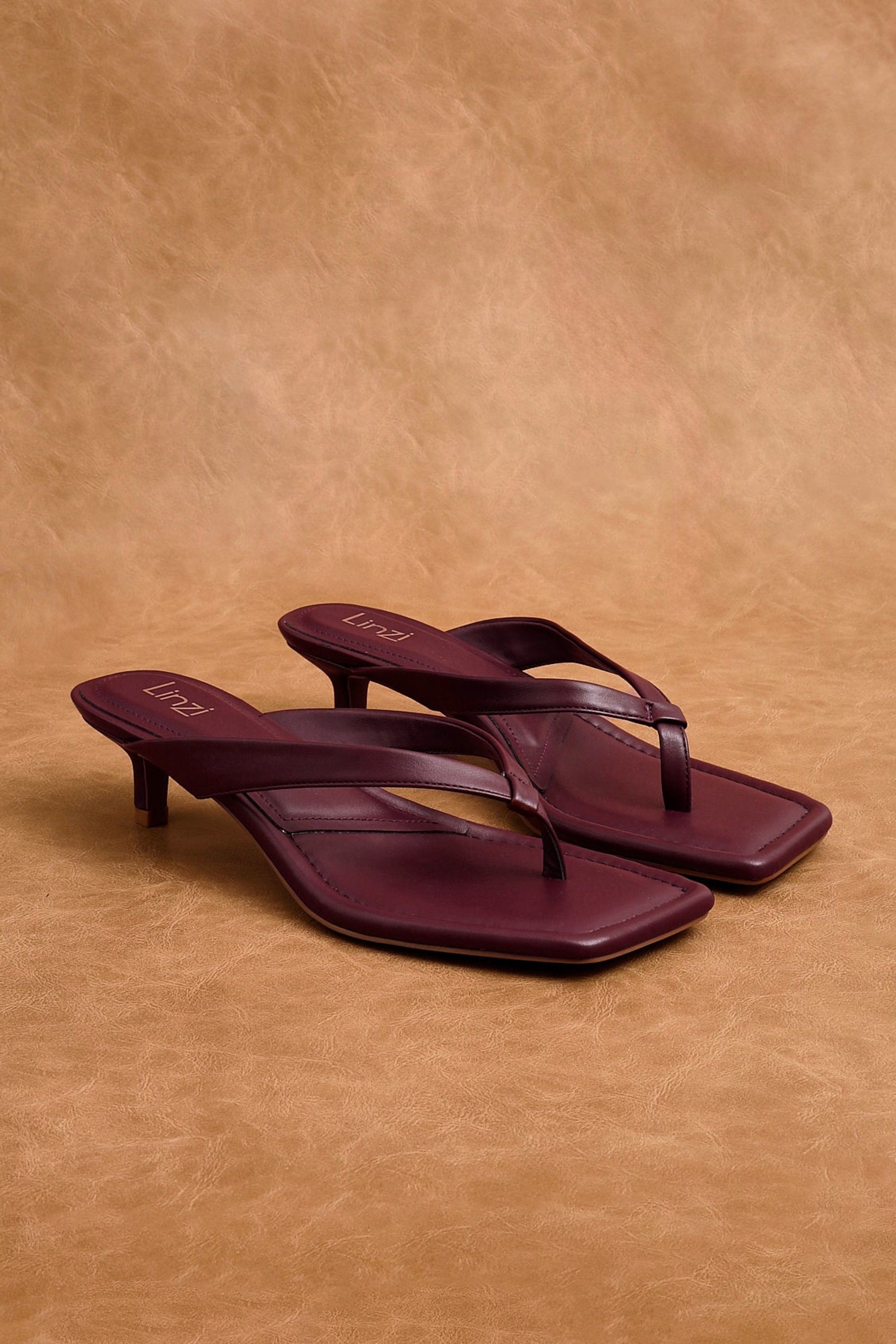 Linzi Potential Burgundy Faux Leather Toe Post Kitten Heel