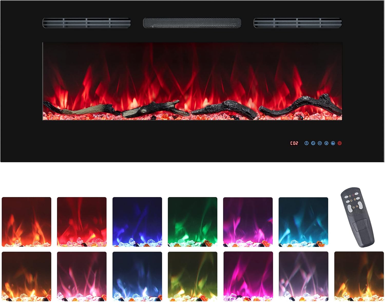36 Electric Fireplaces Inserts, Recessed & Wall-Mounted Fireplace Heater with Thermostat, Multicolor Flames,Timer, Log & Crystal, 750/1500W