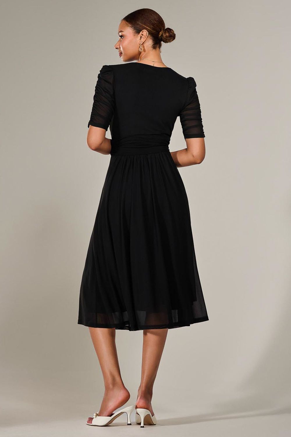 Jolie Moi Ruched Sleeve Mesh Maxi Dress