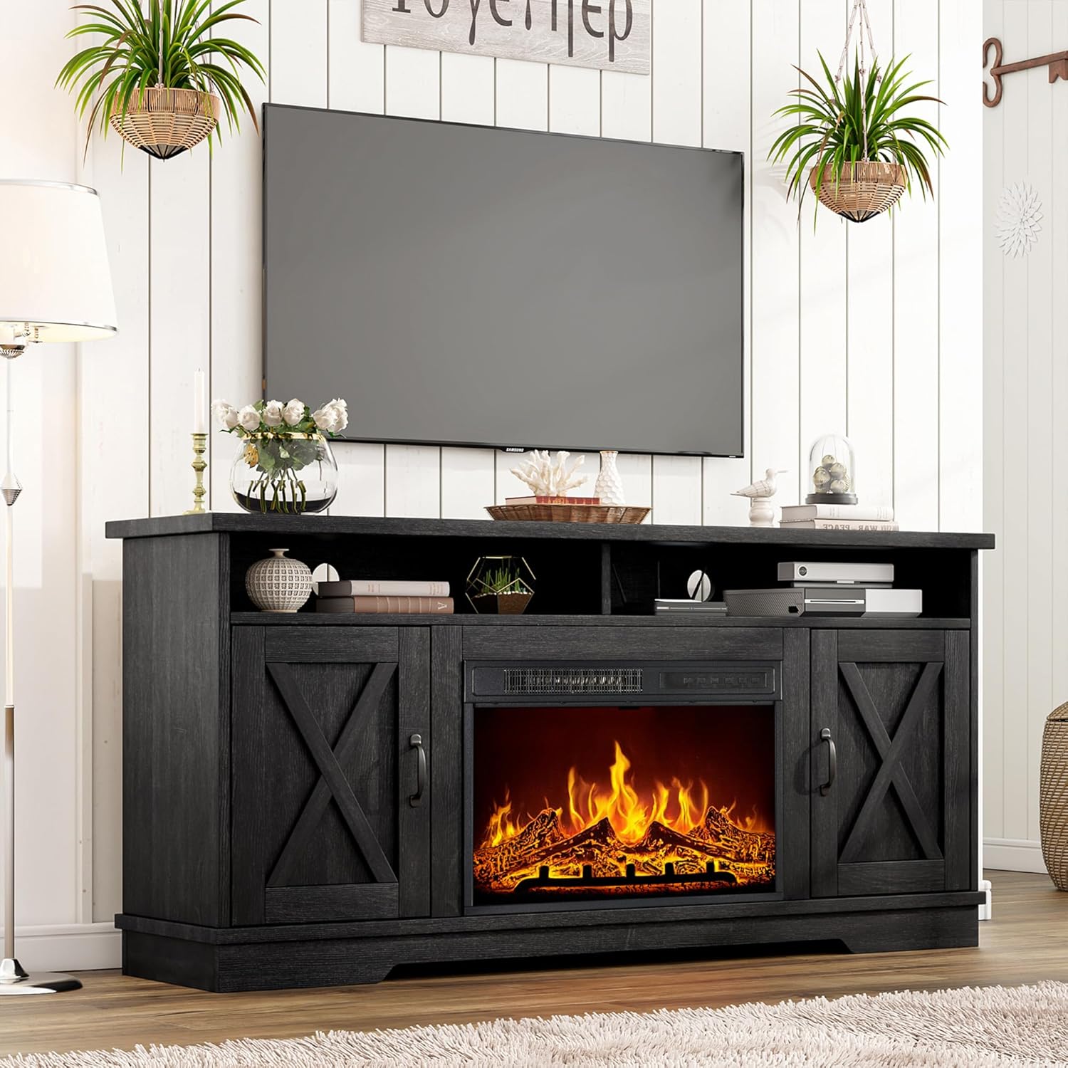 AMERLIFE 63 Farmhouse TV Stand with 26 Fireplace, for TVs up to 73, Entertainment Center with Adjustable Shelf & Barn Doors, TV Console Cabinet for Living Room, Antique Black & Oak