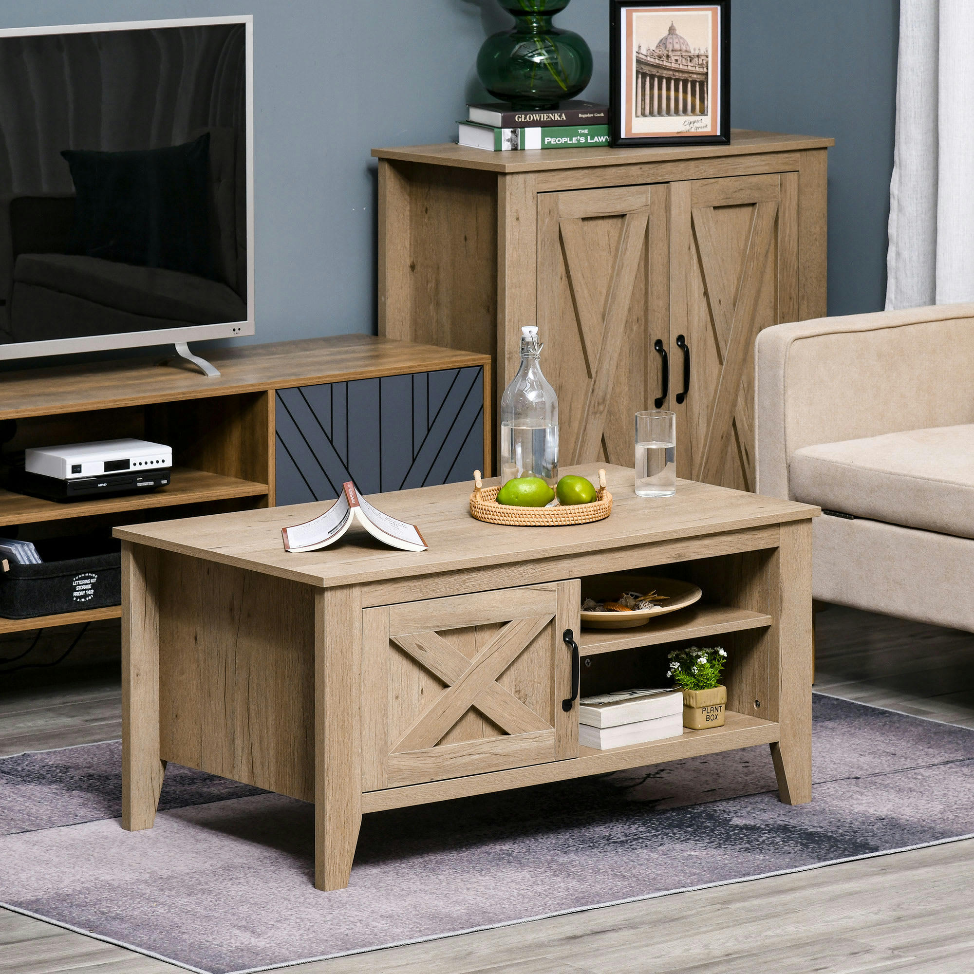 - Table basse style rural chic placard 2 niches aspect bois clair