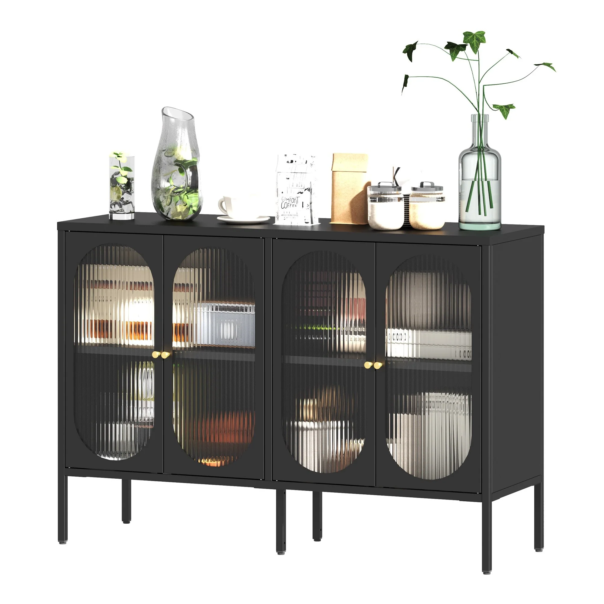 Metal Sideboard Buffet Cabinet with 4 Glass Door