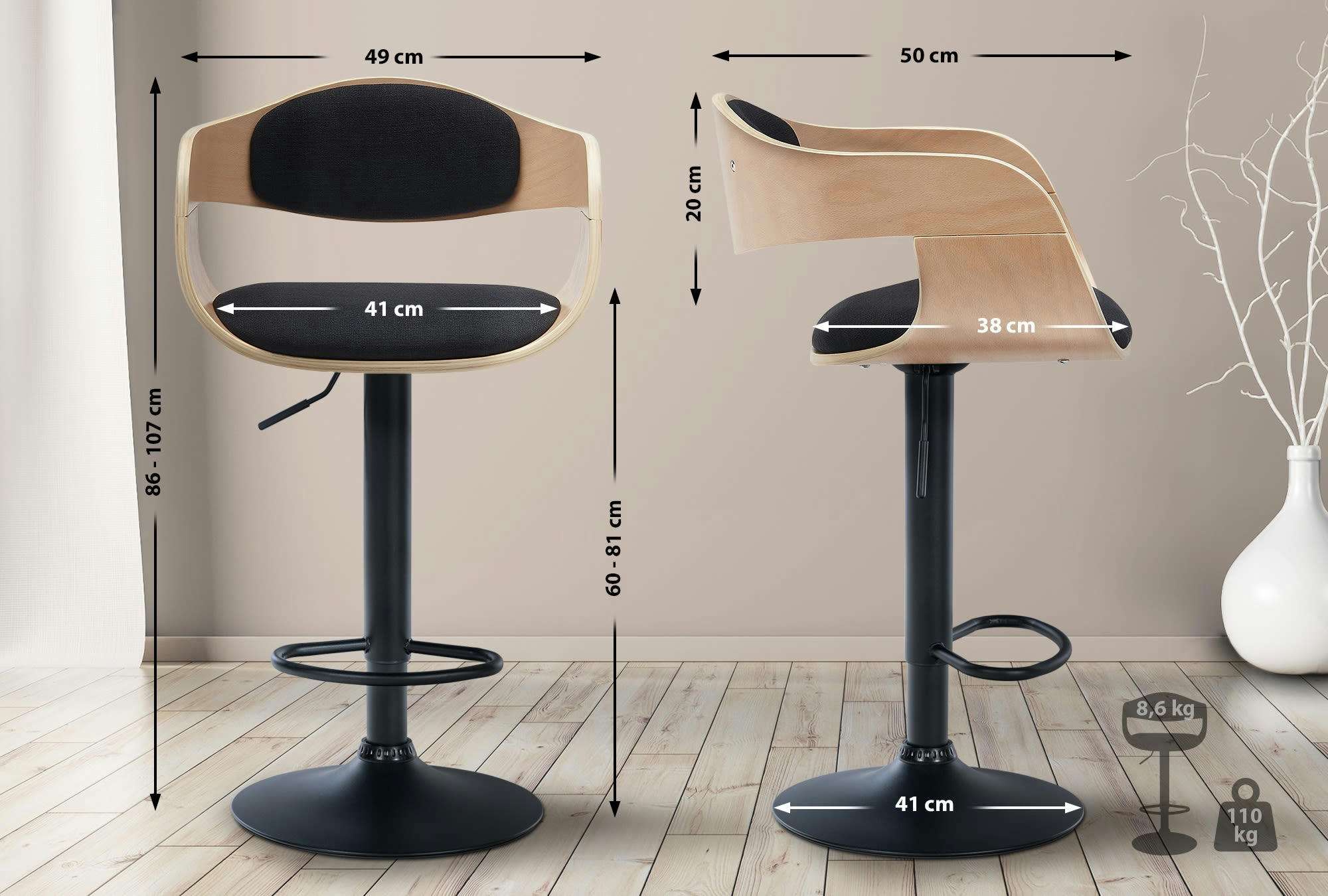 KINGSTON - Tabouret de bar ajustable pivotant tissu Nature / Noir