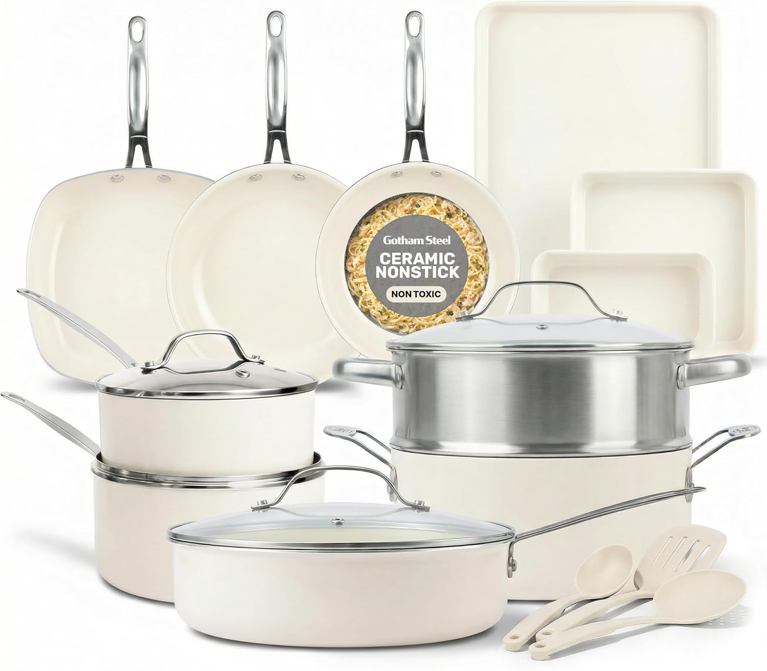 GOTHAM STEEL 20 Pc Ceramic Cookware Set Nonstick, Ceramic Pots and Pans Set Non Stick for Kitchen with Bakeware, Cooking Utensils & Steamer, Non Toxic PFOA PFOS Free, Oven & Dishwasher Safe