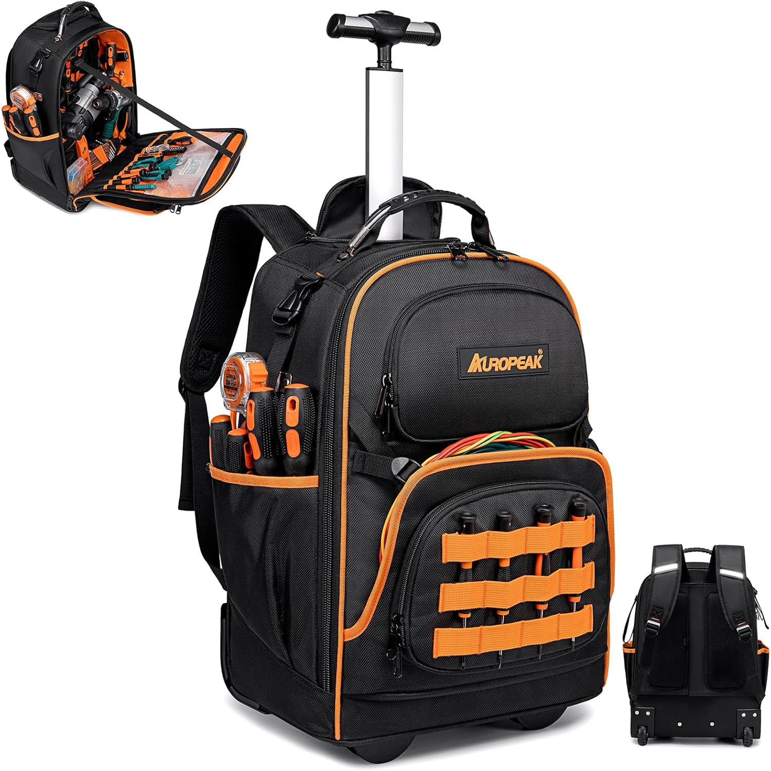 2-In-1 Rolling Tool Backpack Heavy Duty, 47 Pockets Rolling Tool Bag with Wheels, Tool Bag Backpack with Retractable Handle, 1680D, Backpack for Tools HVAC Electrician Construction Worker Mechanic