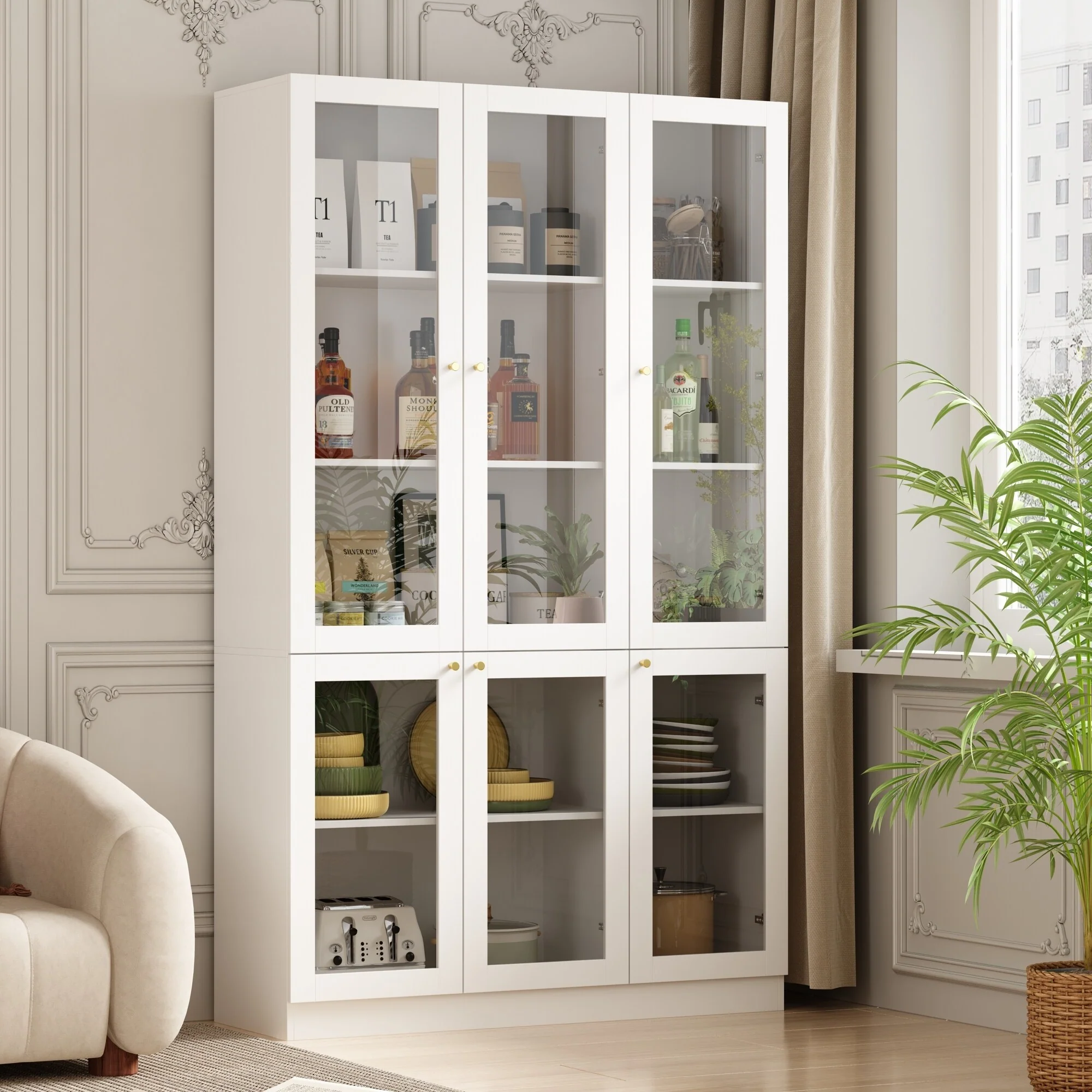 Curio Display Cabinet, Storage Shelves with 6 Glass Door - 78.7H
