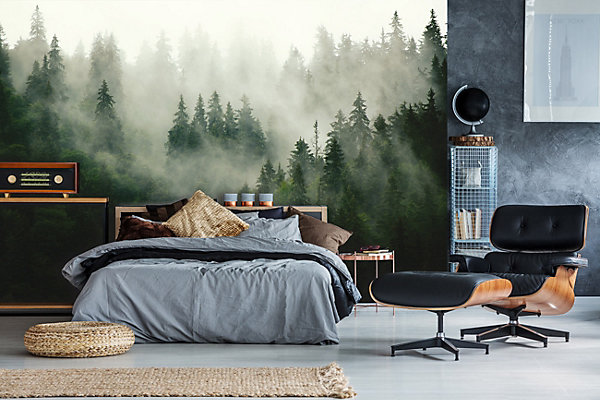 Papier Peint Intissé Panoramique Forêt Brouillard 368x254 cm - Colle Inclus - Chambre et Salon - Moderne Trompe l'oeil