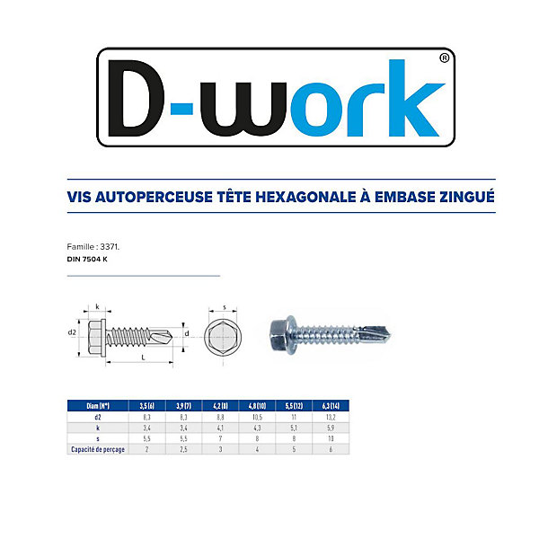 250 Vis Autoperceuses Tête Hexagonale à Embase 4.8 x 50.8 mm - DIN 7504 K - Zingué blanc - D-Work