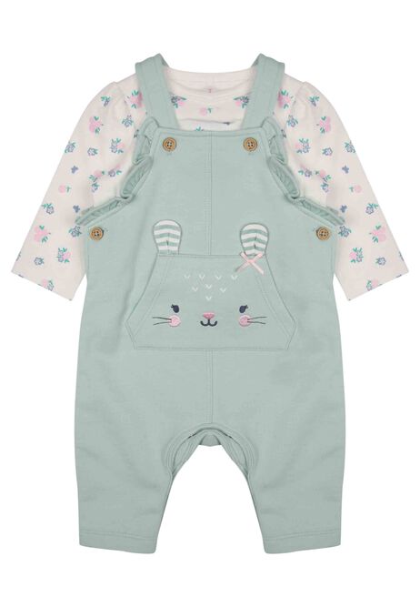 Baby Girls Mint Bunny Dungaree & Floral Top Set