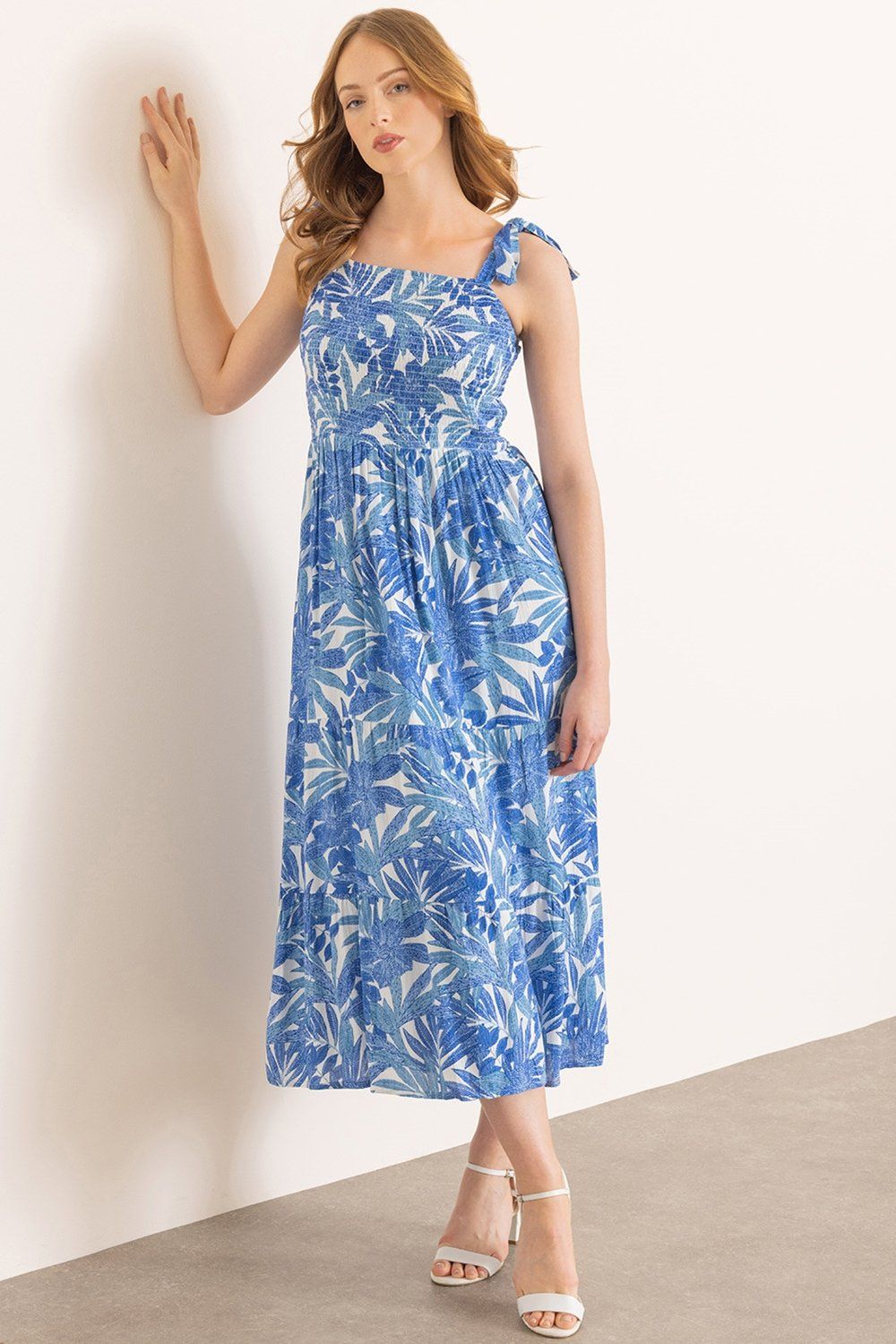 Klass. Leaf Print Smocked Maxi Dress