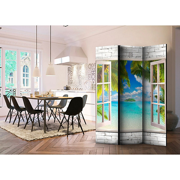 Paravent Décoratif Île Tropicale pour Evasion Quotidienne 135 x 172 cm Bleu et Vert