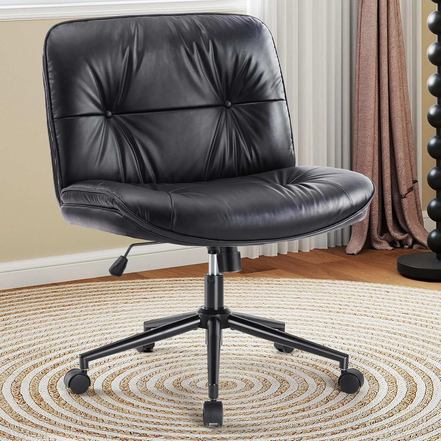 Criss Cross Chair with Wheels, Legged Home Office PU Leather Wide Armless Desk Seat - 27D x 26.4W x 34.8H