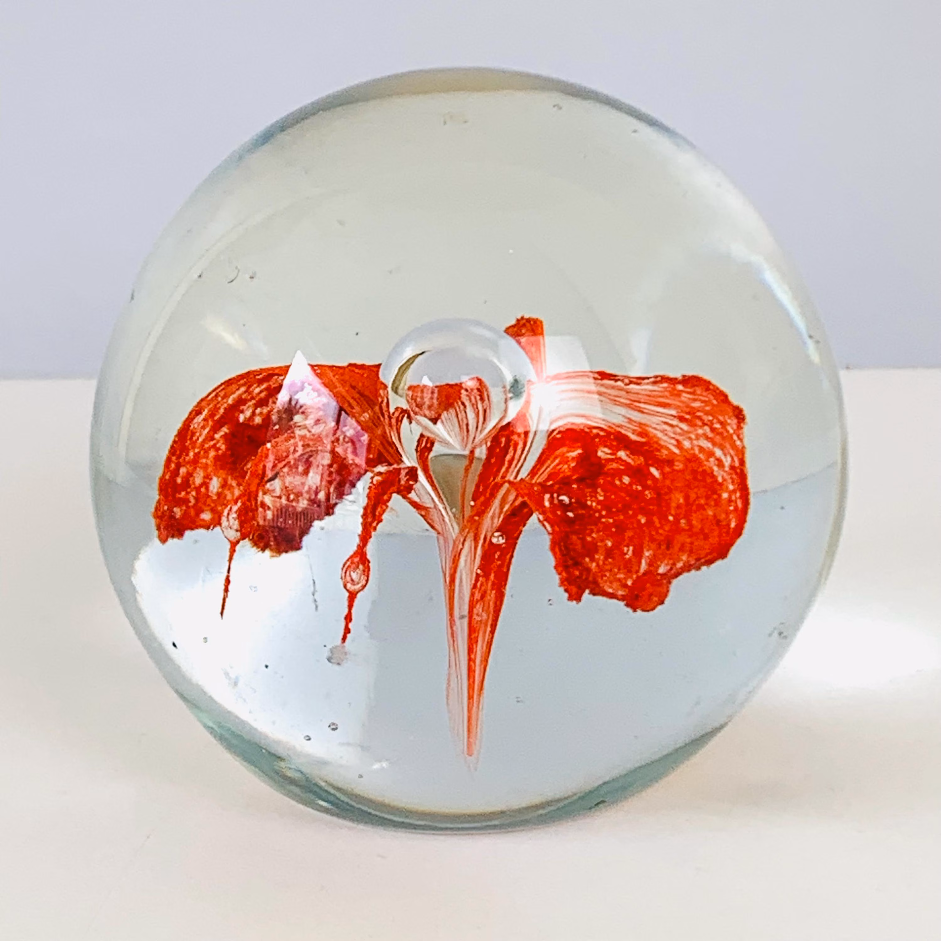 GLASS BALL PAPERWEIGHT, Blown Glass Art Paperweights, Red Flower, Ball Paperweight, Elegant Desk Decor
