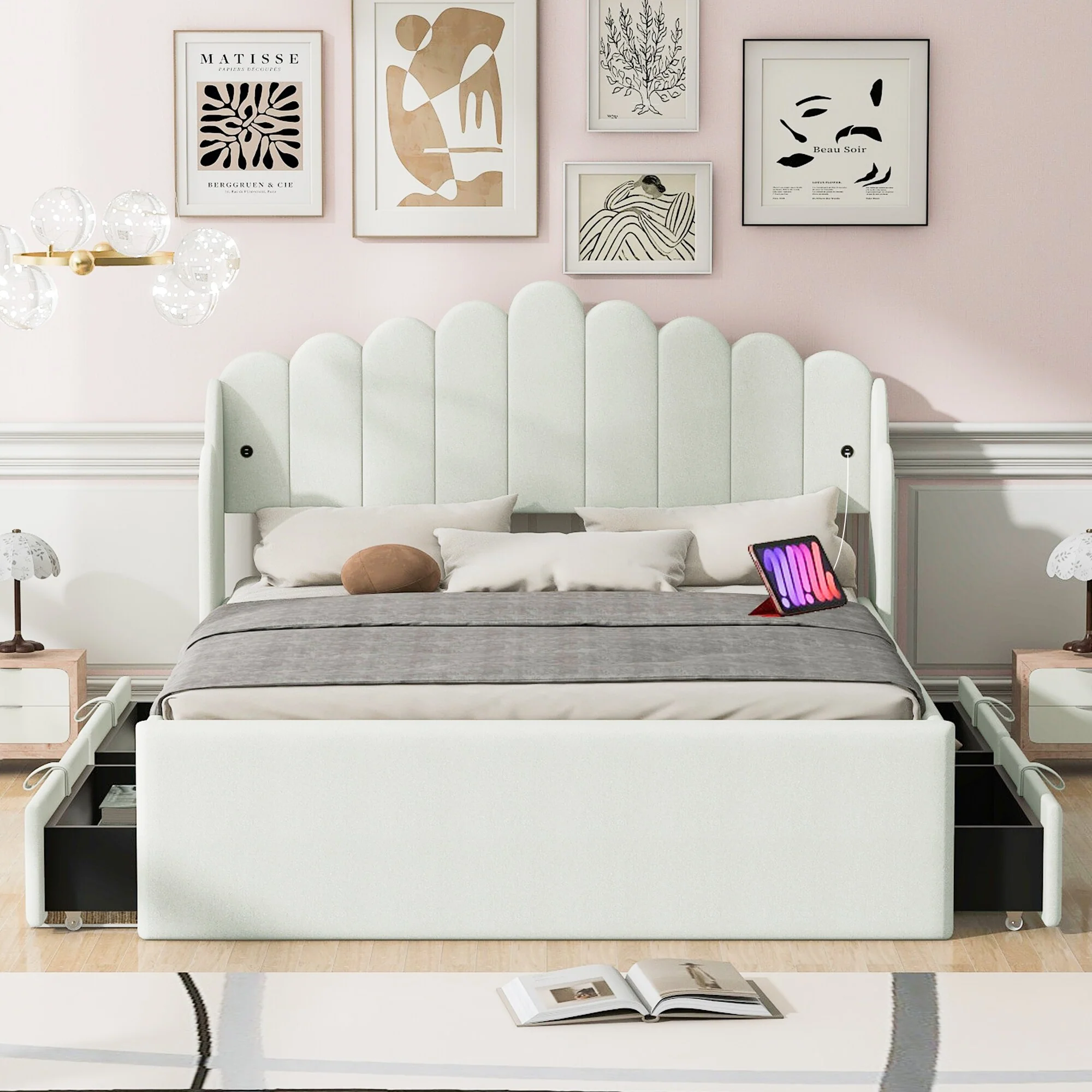 Full Size Upholstered Platform Bed with 4 Drawers and USB Charging Ports