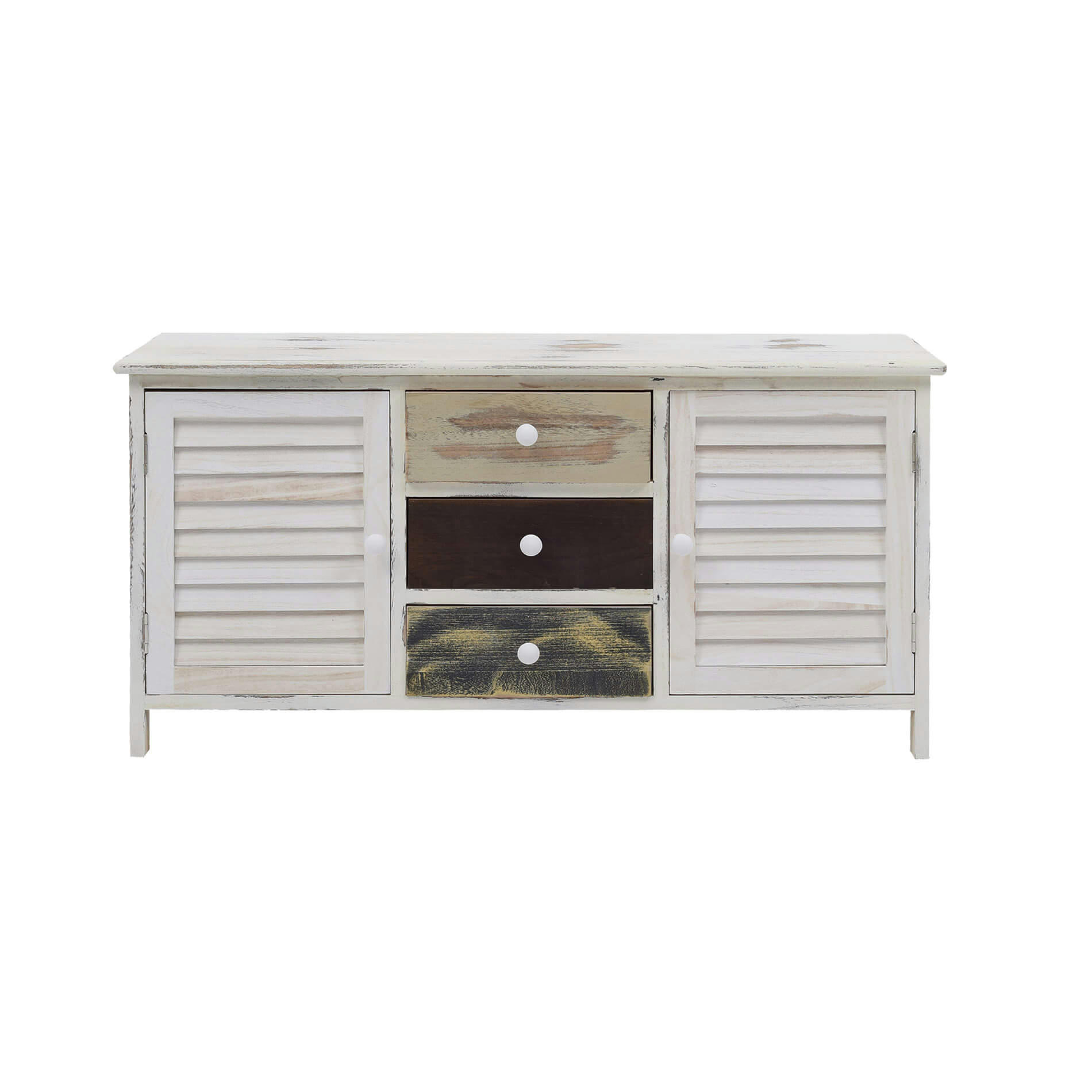MY HOME - Buffet bas avec 3 tiroirs 2 portes en bois blanc antique