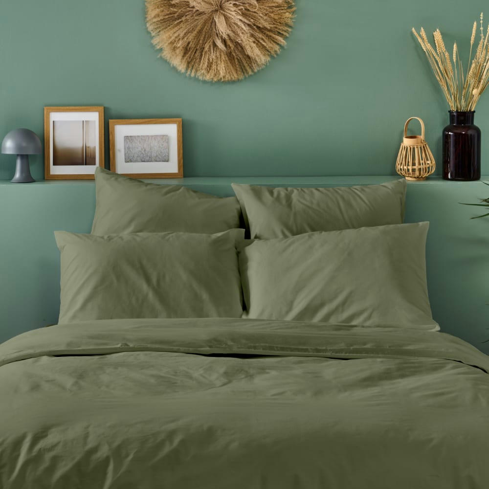 - Taie d'oreiller unie en percale de coton kaki 65x65cm