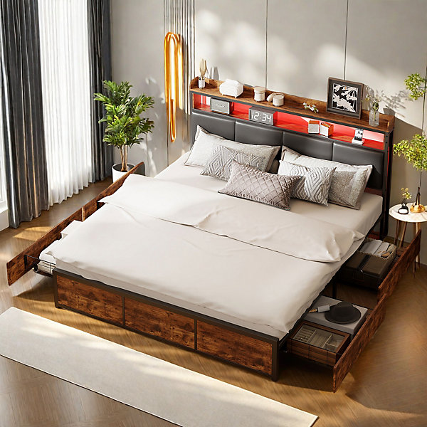 Lit double 160x200 cm avec cadre en métal, tête de lit enPolyuréthanenoir mat motif tigre et éclairage LED intégré