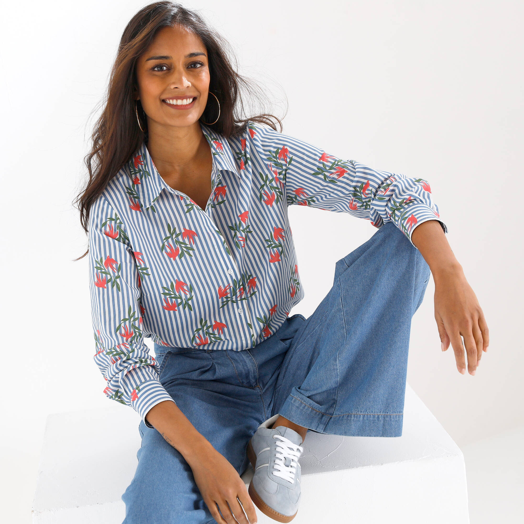 Chemise imprimé rayé et oiseaux
