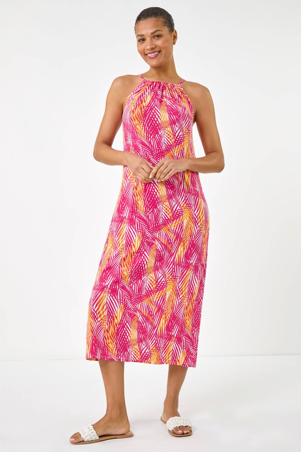 Roman Gathered Palm Print Swing Stretch Dress