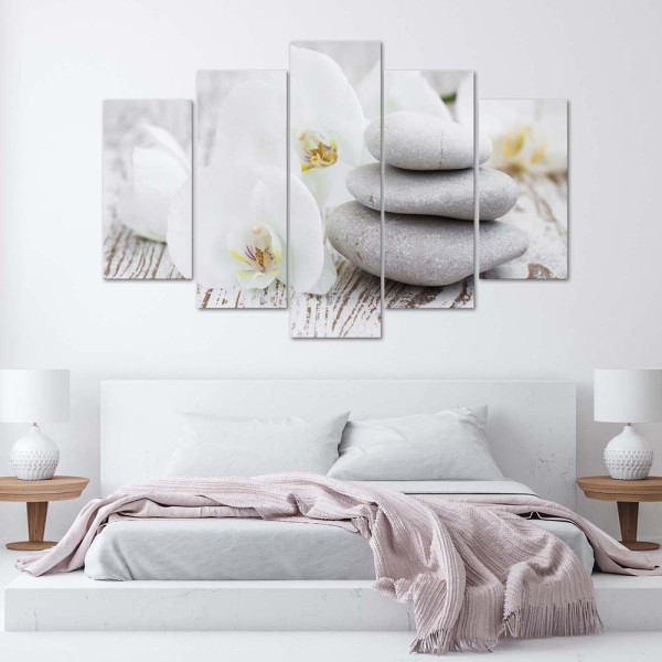 Feeby Obraz 5 częściowy Biała orchidea zen kamienie 100x70