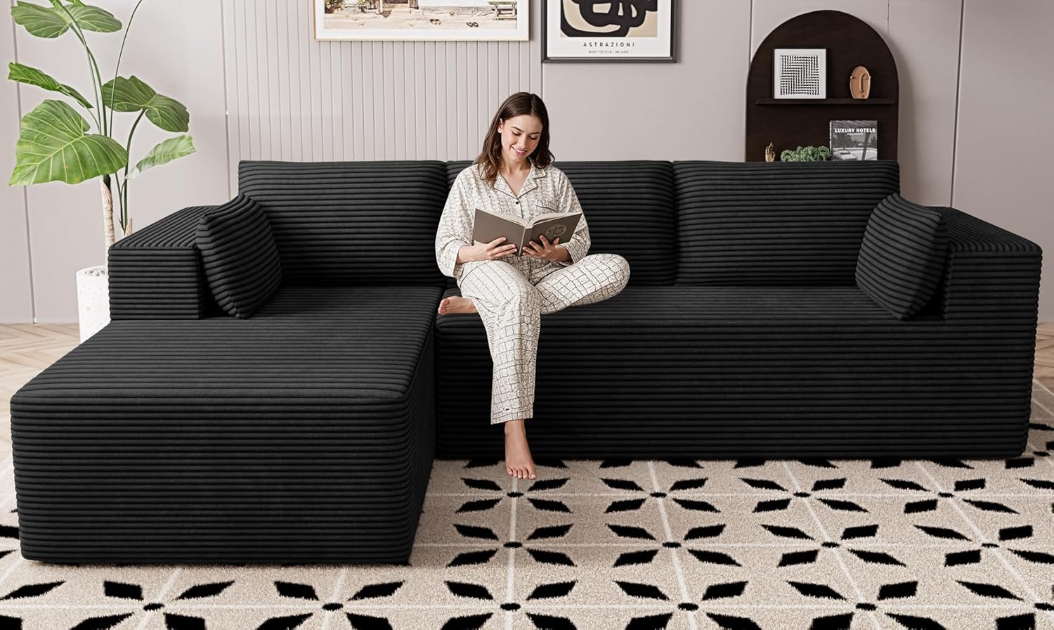 106 Cloud Sectional Boneless Couches for Living Room, Modular L Shaped Couch with Deep Seat Oversized Left Facing Chaise, Memory Foam Compressed Spineless 3 Seater Sofa for Bedroom Apartment, Black