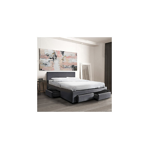 Lit 2 places 160x200cm Tissu Gris foncé LOUGNE inclus sommier et 4 tiroirs