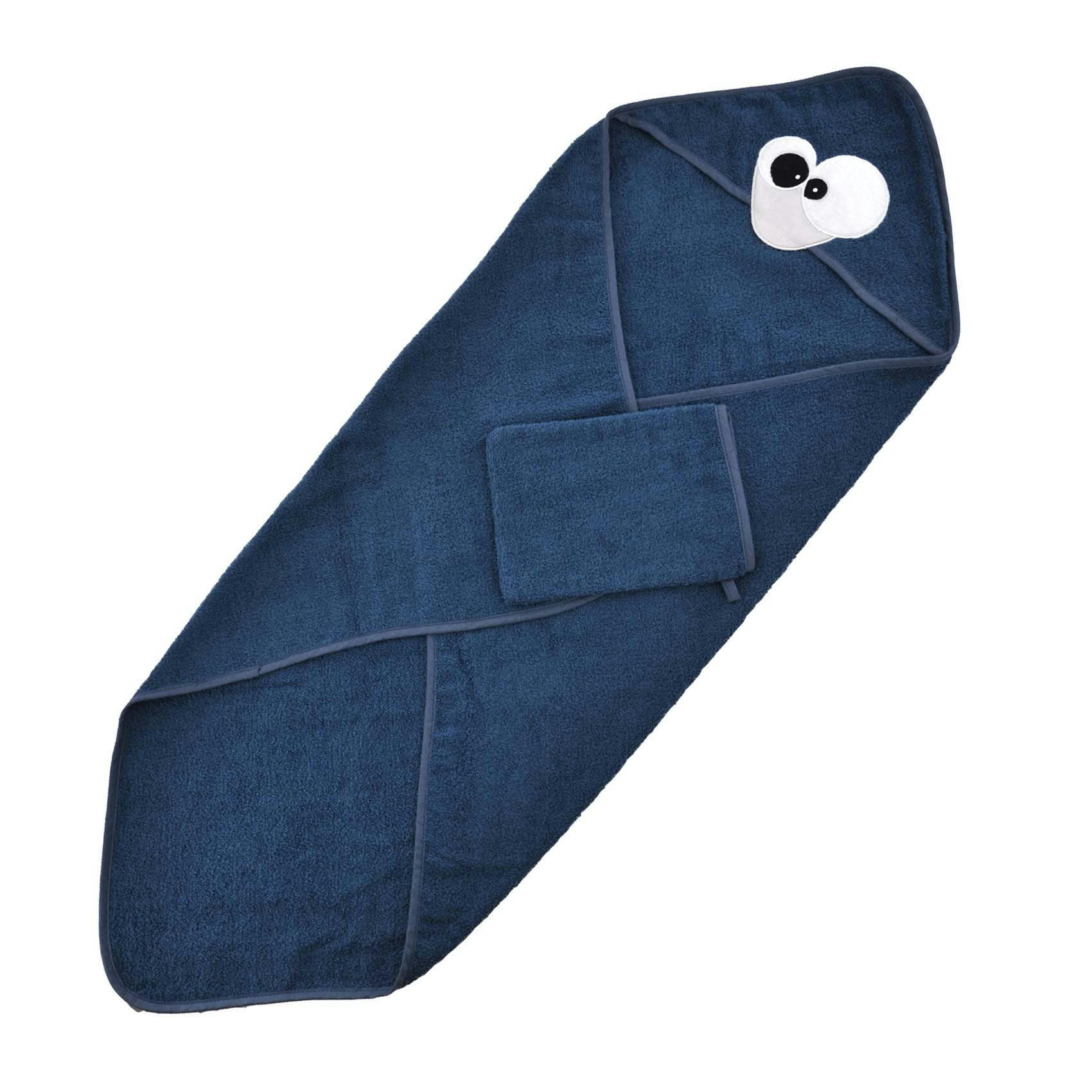 - Sortie de bain et gant enfant Pingou Coton Bleu 75x75