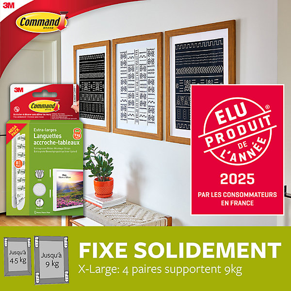 Languette adhésive accroche tableau 3M Command blanc XL - 8 paires