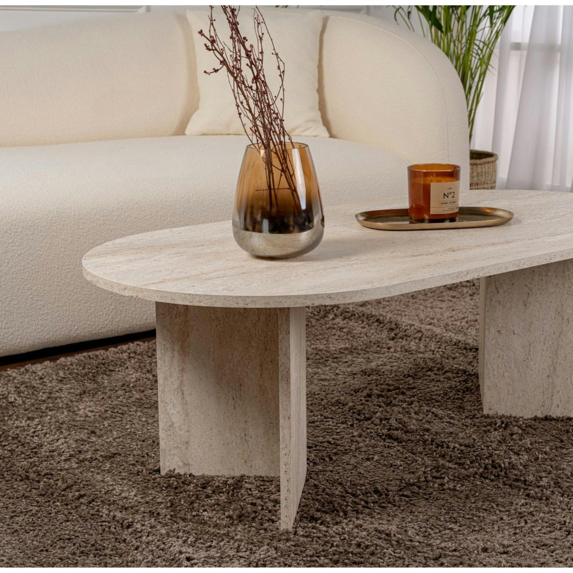 Table basse ovale effet travertin - pieds en V MARFA