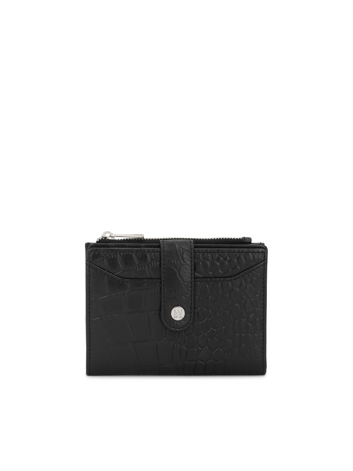 Black embossed leather wallet with snap closure