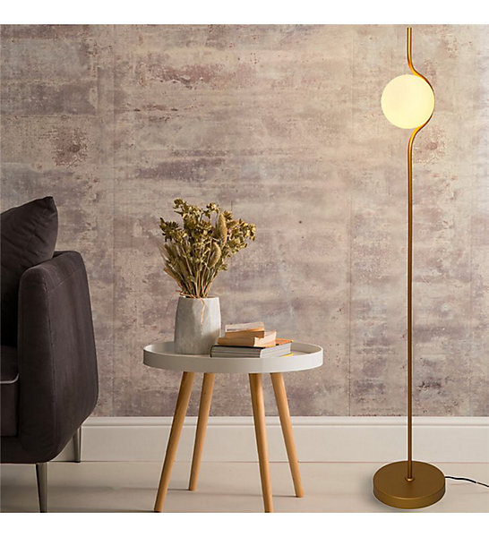 Lampe sur pied design Ramy 140cm métal doré verre blanc satiné compatible LED
