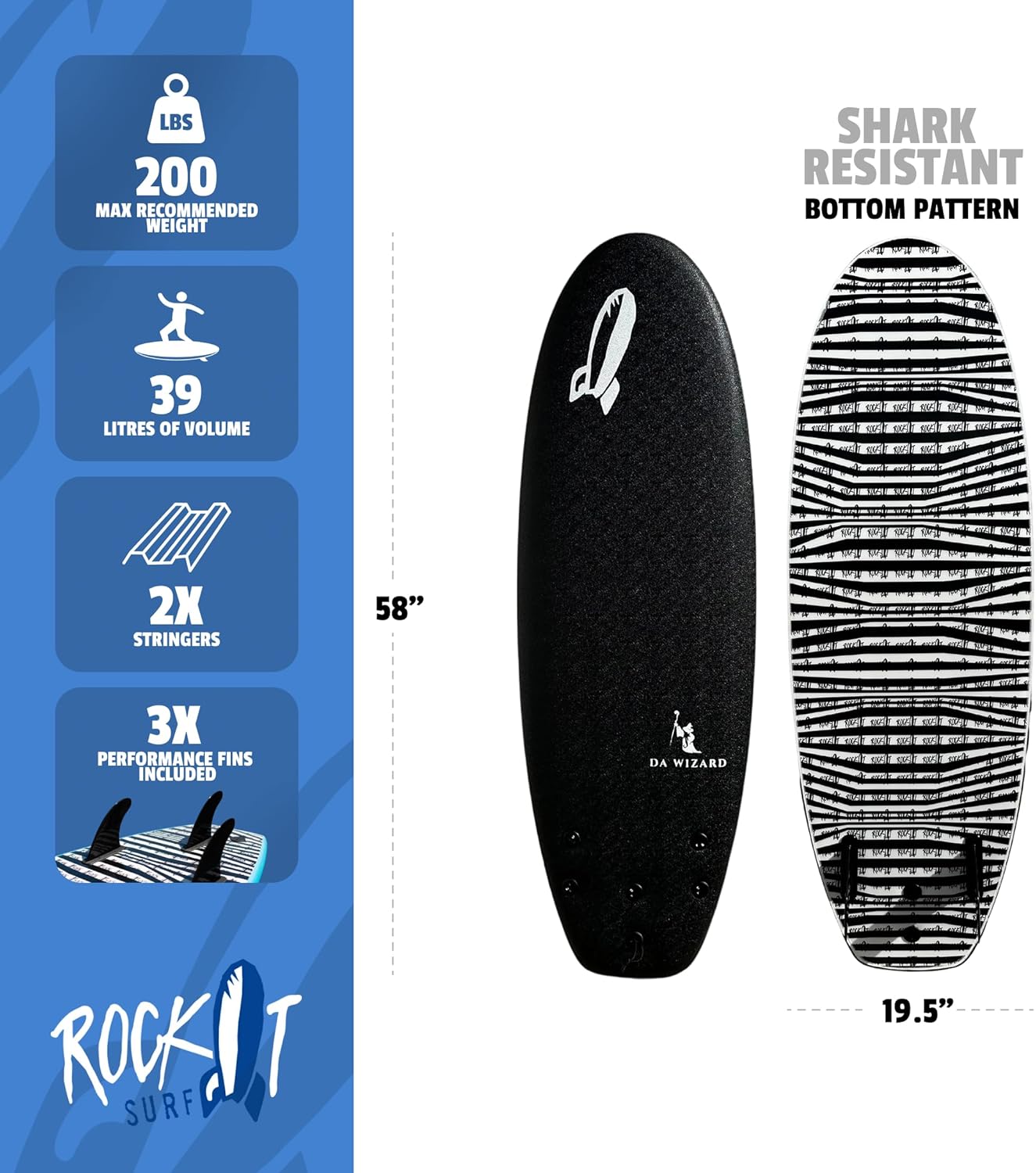 Rock-It DA Wizard Performance Soft Top Surfboard, 4’10” / 39L Foam Surfboard for Ocean, Wave Pool, River Surfing and More with 2+1 fin System and Reinforced Deck and Rails Developed in Hawaii (Black)