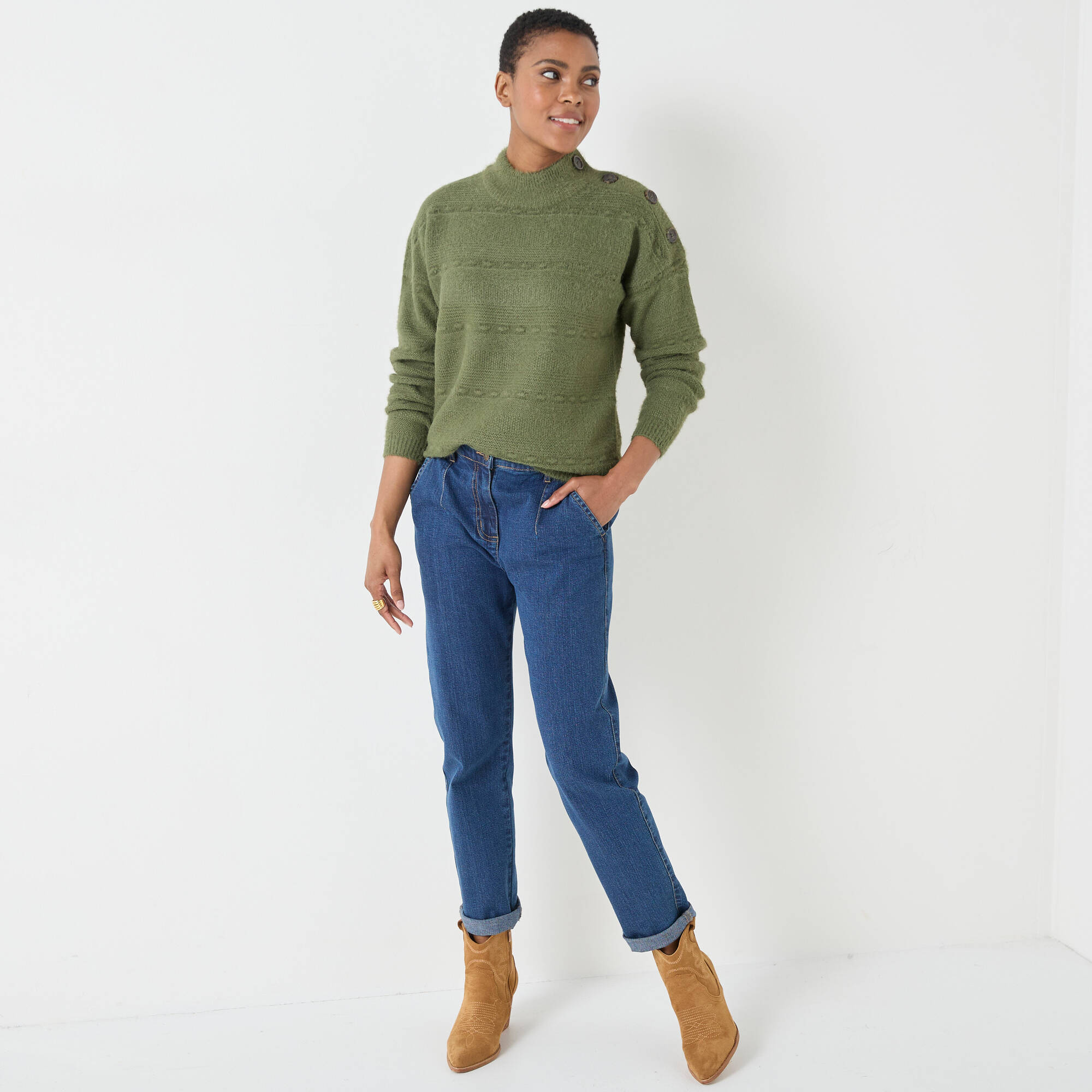 Pull col montant, maille poilue fantaisie