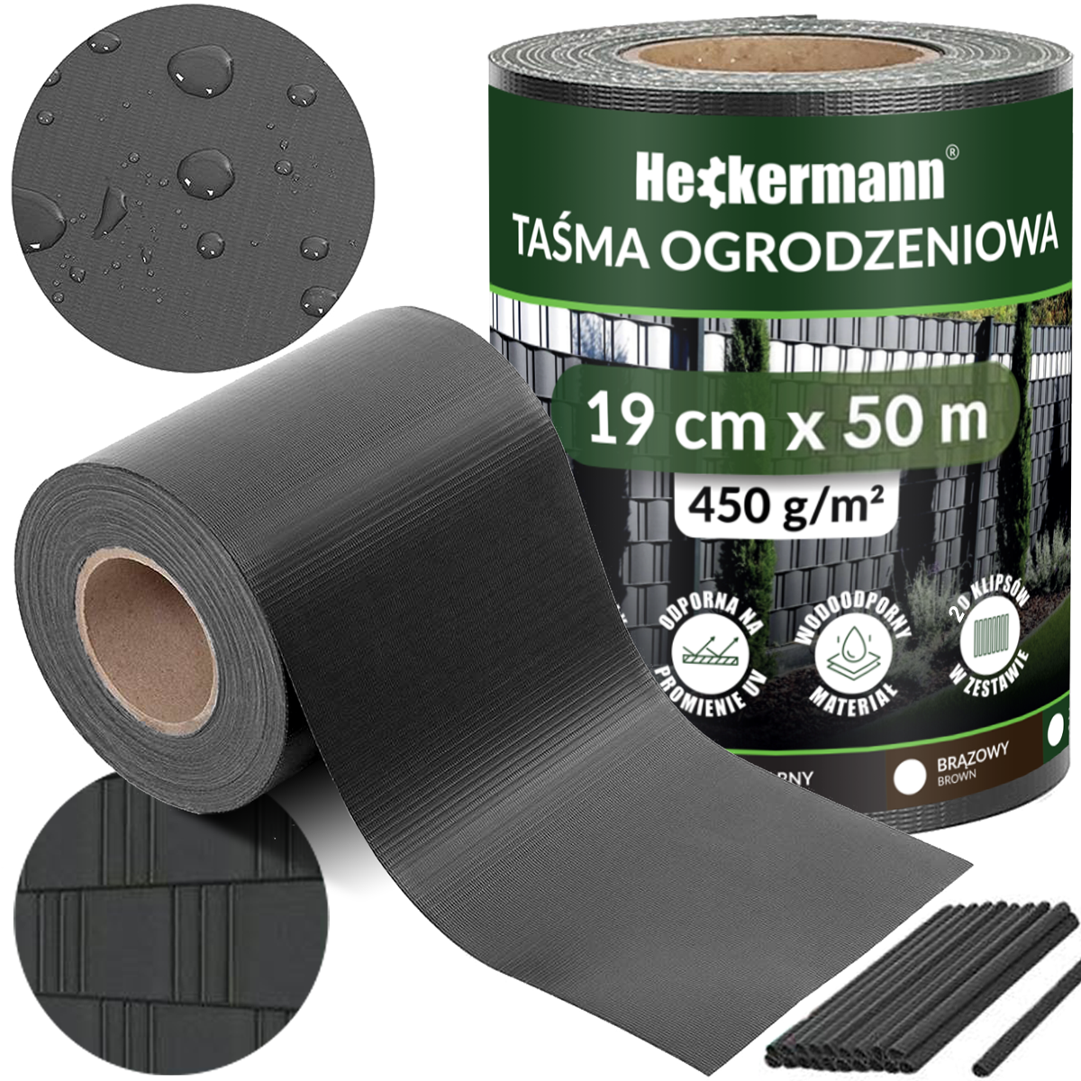 Taśma ogrodzeniowa 19cm x 50m Heckermann - Ciemnoszara